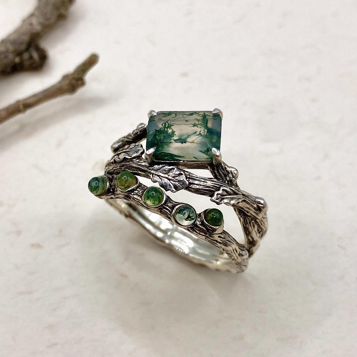 Moss Agate Sterling Silver Oak Leaf Ring