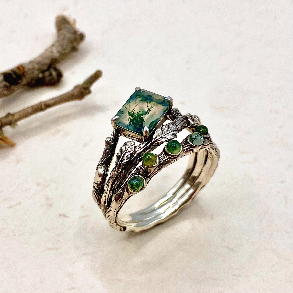Moss Agate Sterling Silver Oak Leaf Ring