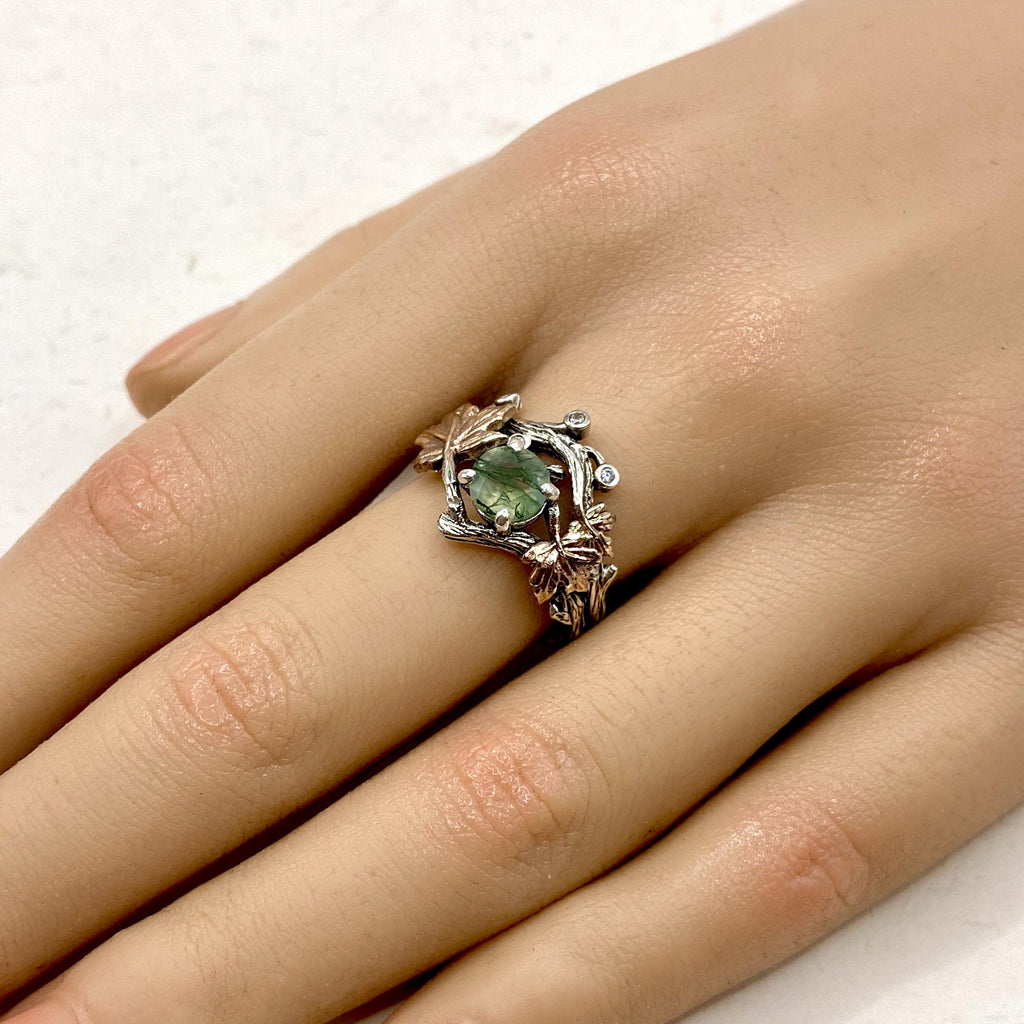 Moss Agate Sterling Silver Maple Leaf Ring