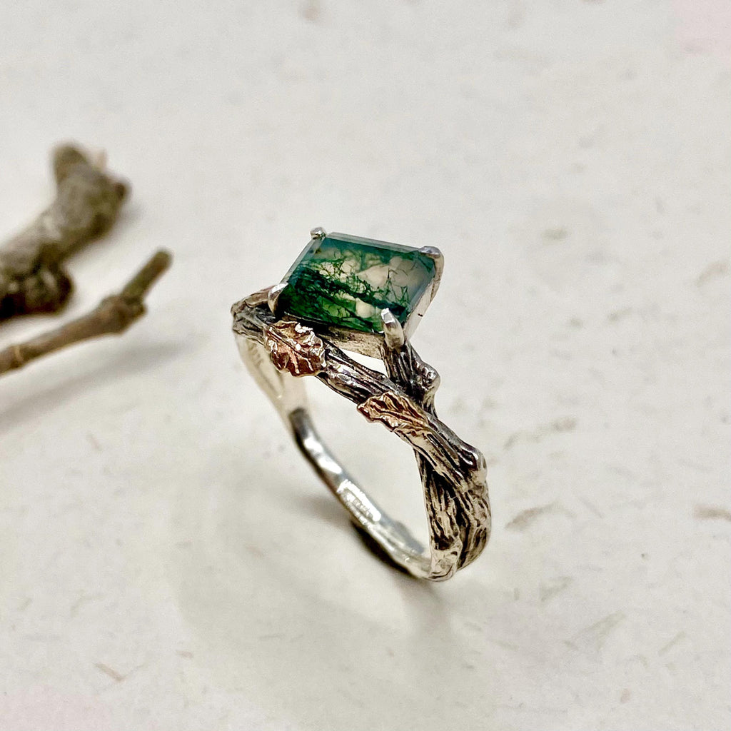 Moss Agate Sterling Silver Oak Leaf Ring Set