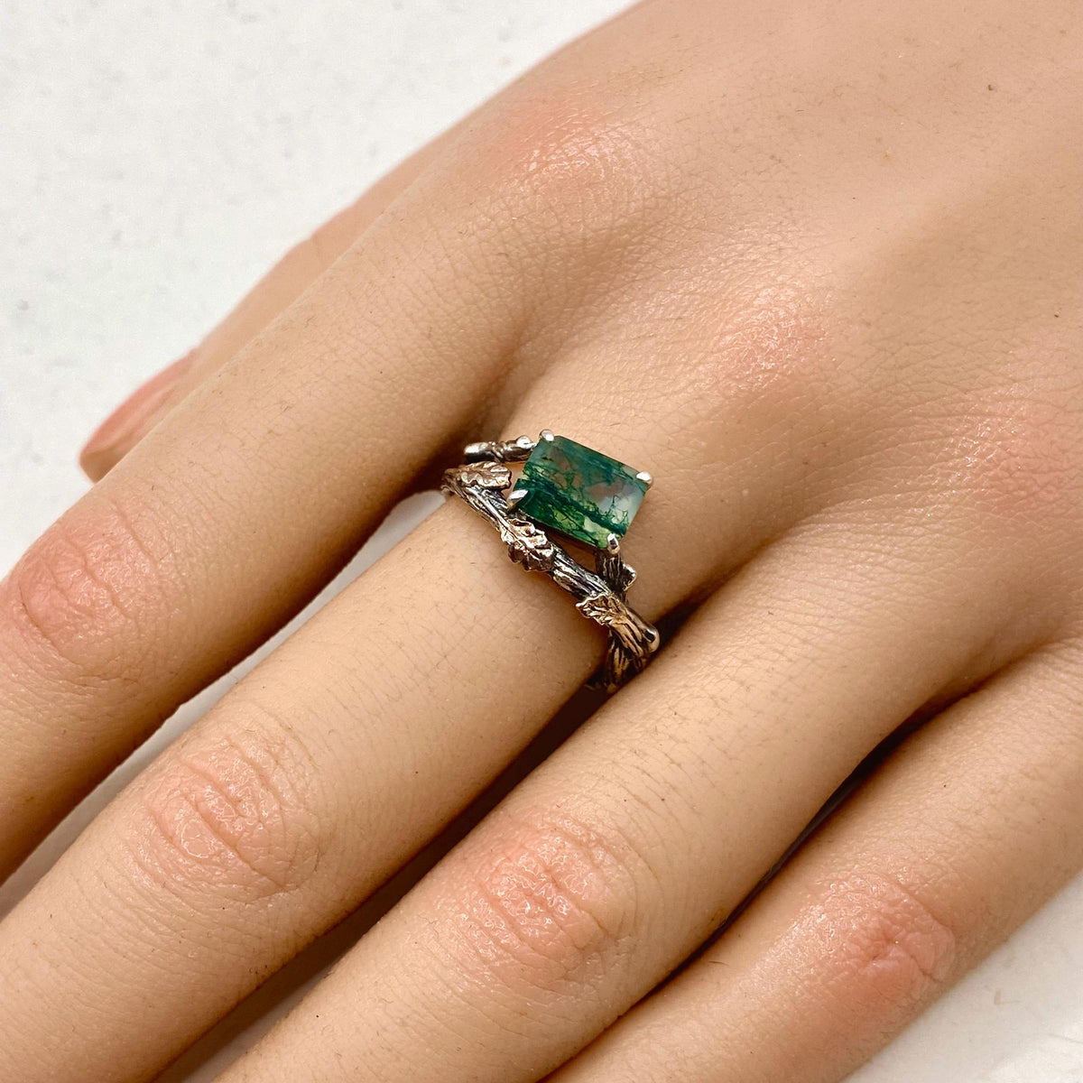 Moss Agate Sterling Silver Oak Leaf Ring Set