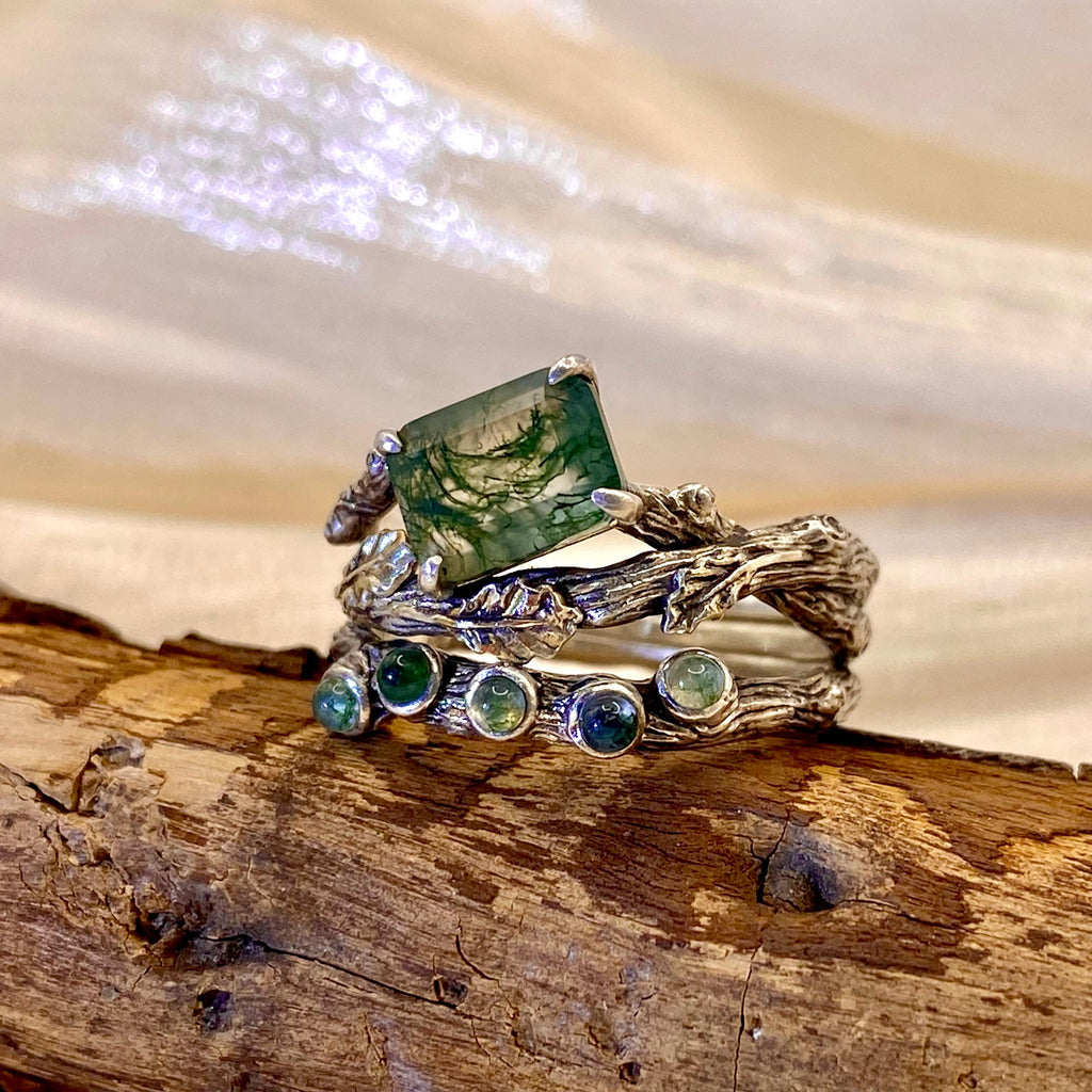 Moss Agate Sterling Silver Oak Leaf Ring