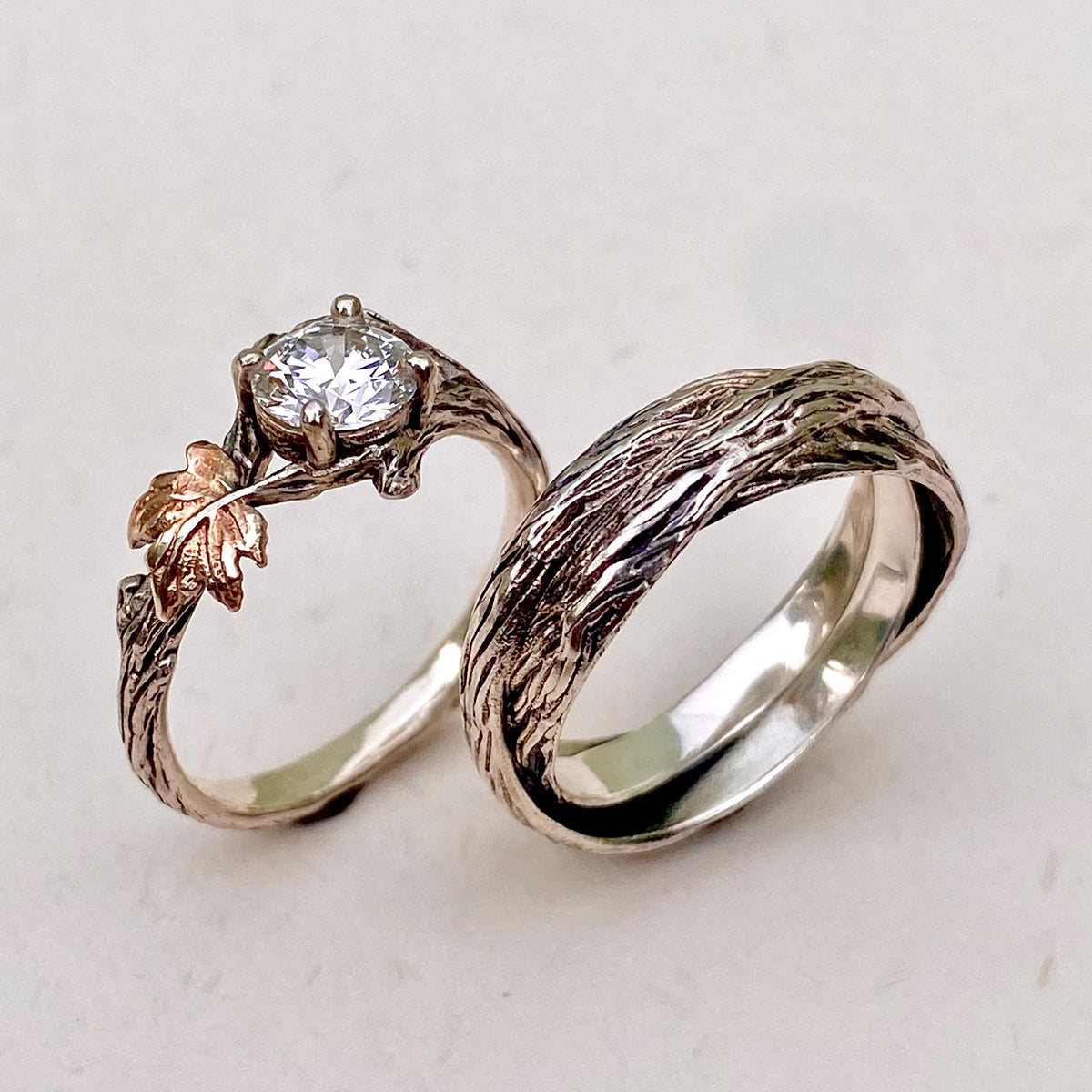 Lab-Grown Diamond 14K White Gold Maple Leaf Ring Set