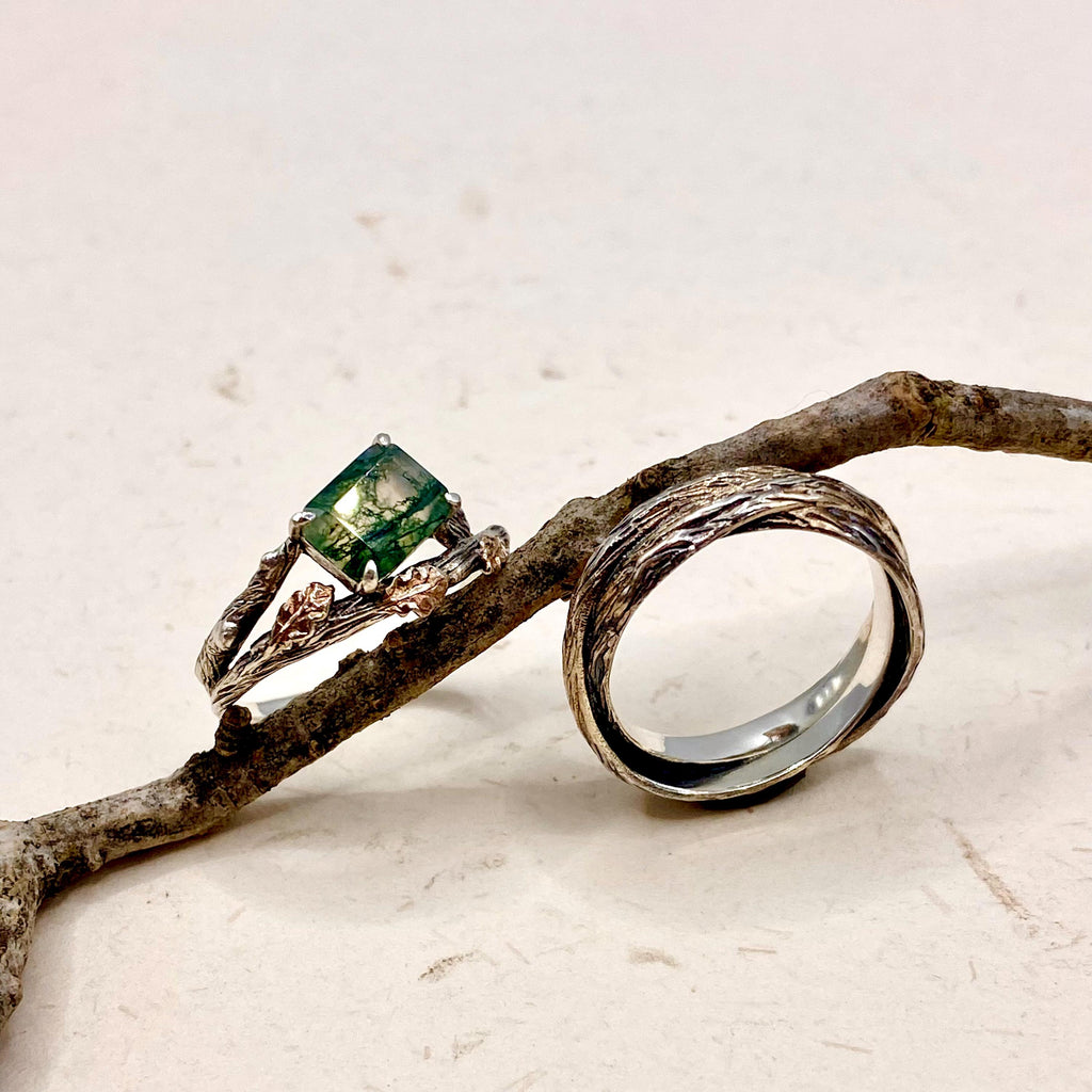 Moss Agate Sterling Silver Oak Leaf Ring Set