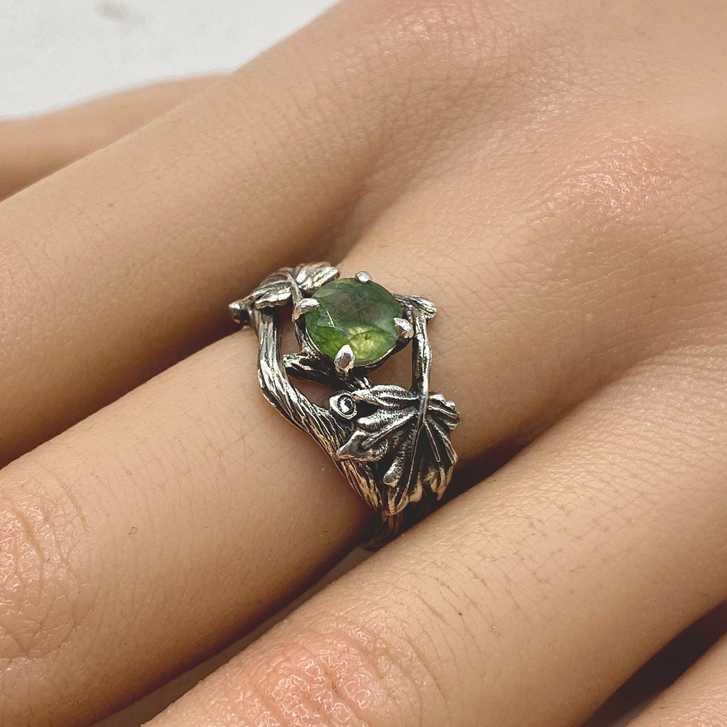 Moss Agate Sterling Silver Maple Leaf Ring Set