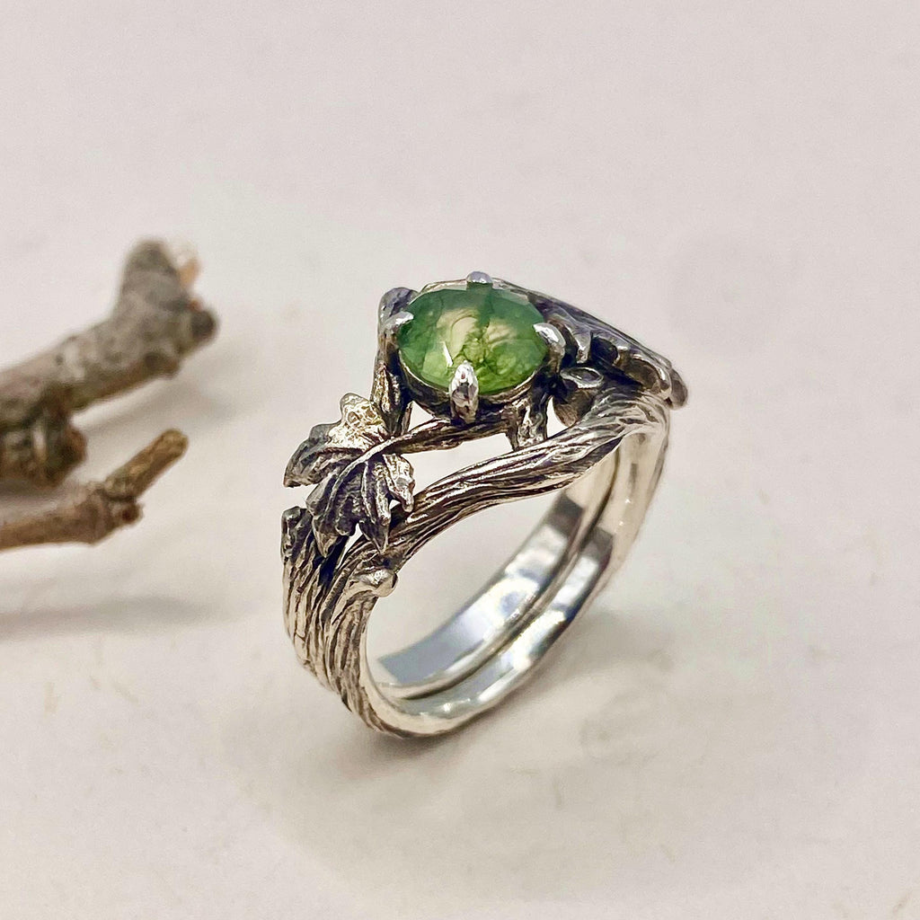 Moss Agate Sterling Silver Maple Leaf Ring Set