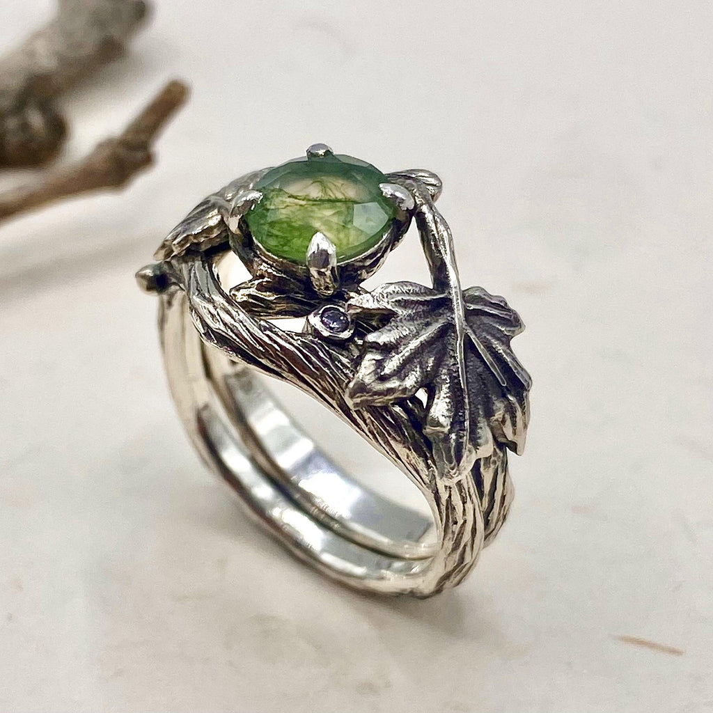 Moss Agate Sterling Silver Maple Leaf Ring Set