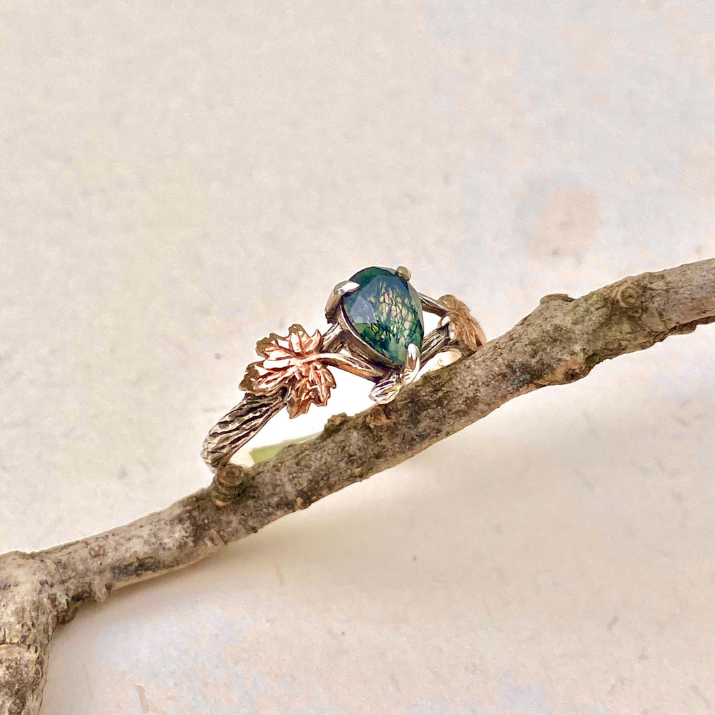 Moss Agate Sterling Silver Maple Leaf Ring