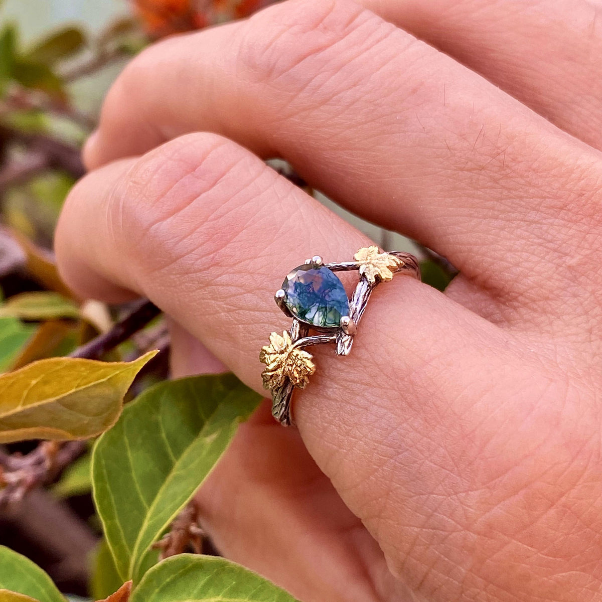 Moss Agate Sterling Silver Maple Leaf Ring