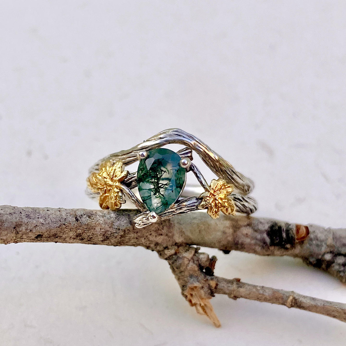 Moss Agate Sterling Silver Maple Leaf Ring