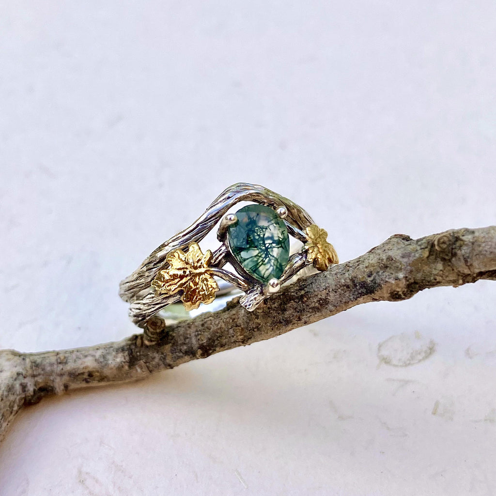 Moss Agate Sterling Silver Maple Leaf Ring
