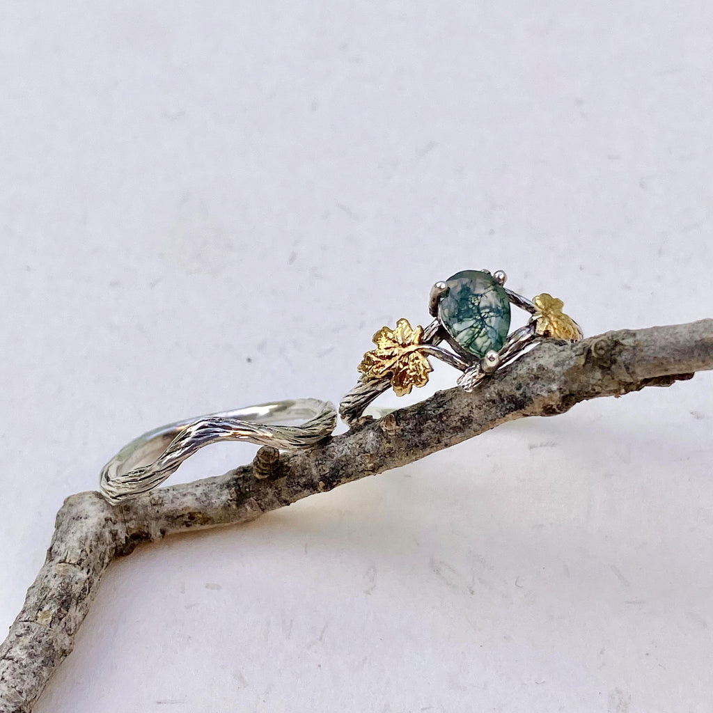Moss Agate Sterling Silver Maple Leaf Ring
