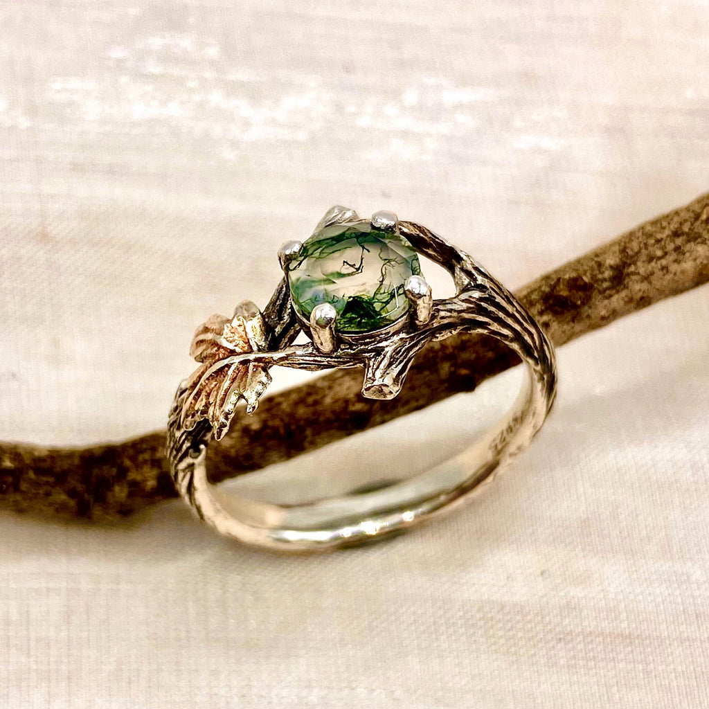 Moss Agate Sterling Silver Maple Leaf Ring