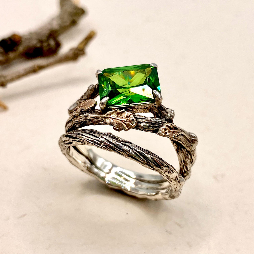 Emerald Sterling Silver Oak Leaf Ring
