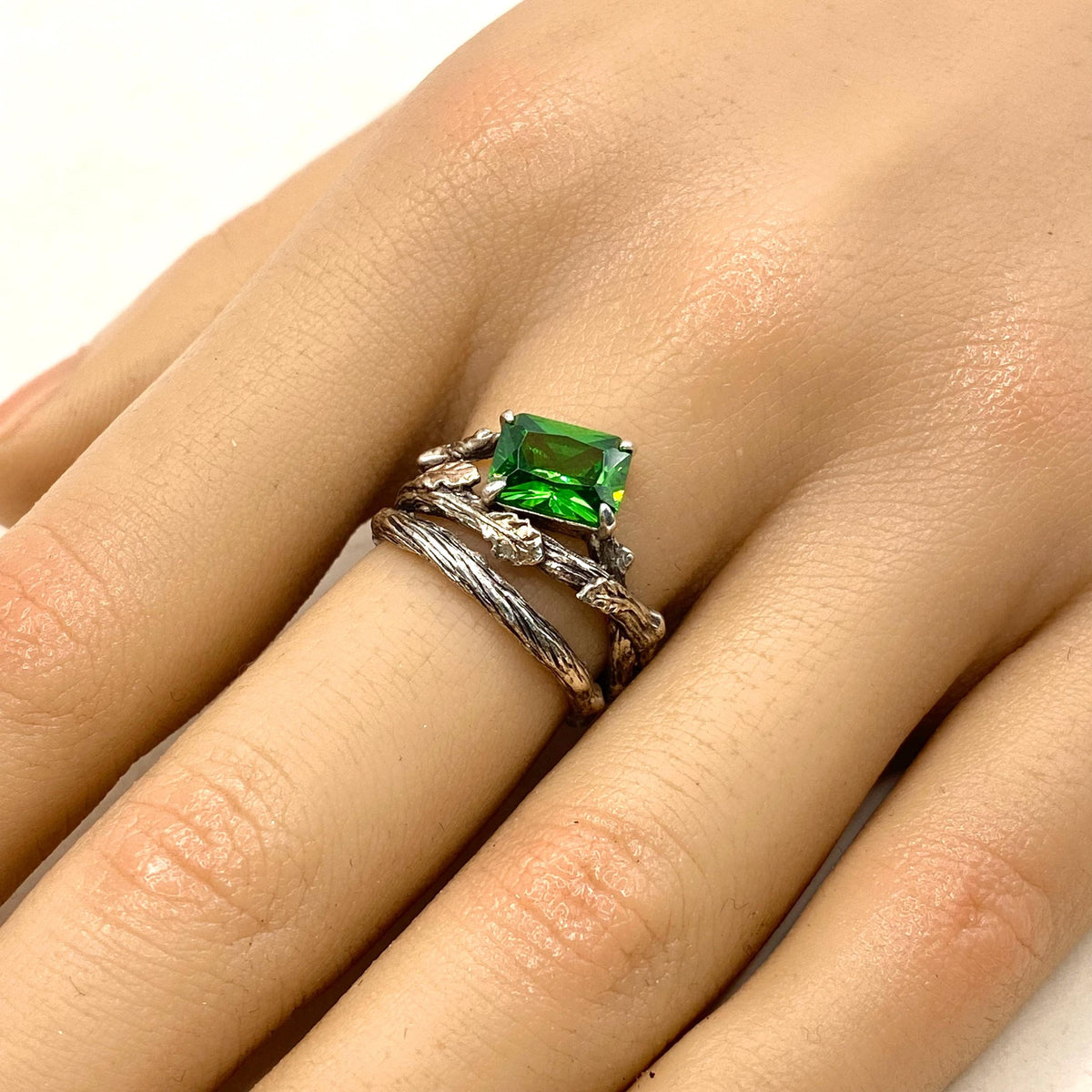 Emerald Sterling Silver Oak Leaf Ring