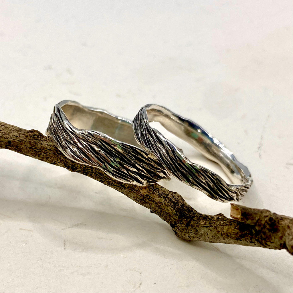 Fine Silver Tree Bark Ring Set
