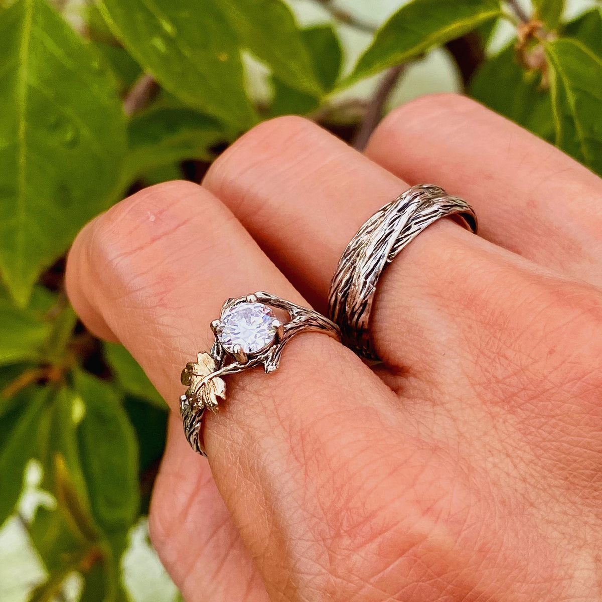 Lab-Grown Diamond 14K White Gold Maple Leaf Ring Set