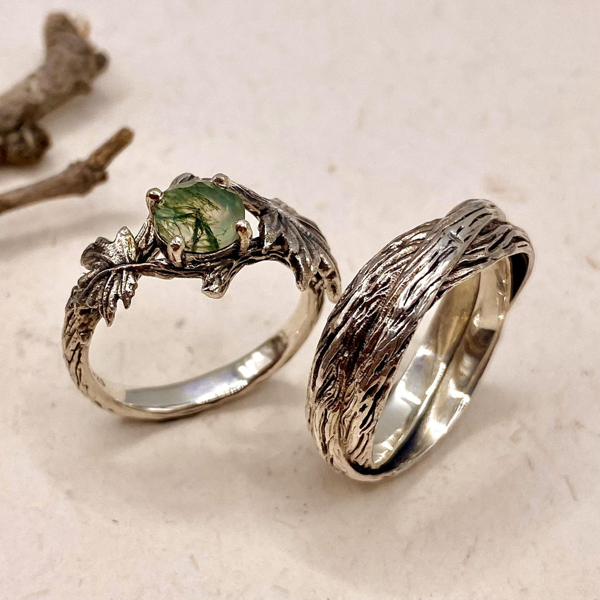 Moss Agate Sterling Silver Maple Leaf Ring Set