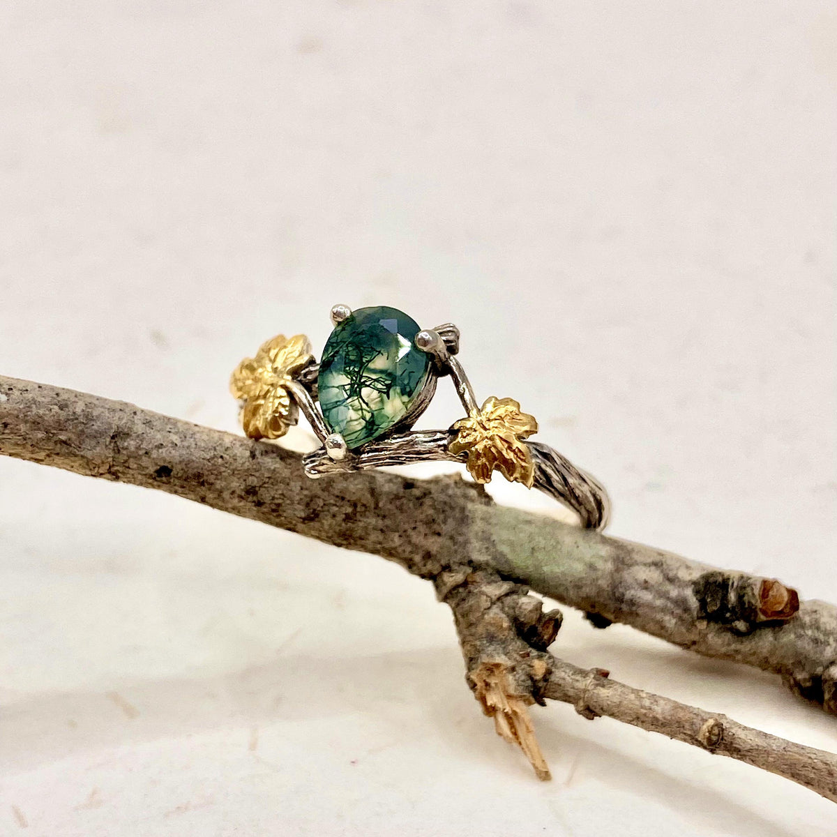 Moss Agate Sterling Silver Maple Leaf Ring