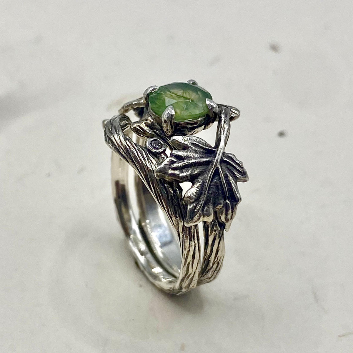Moss Agate Sterling Silver Maple Leaf Ring Set