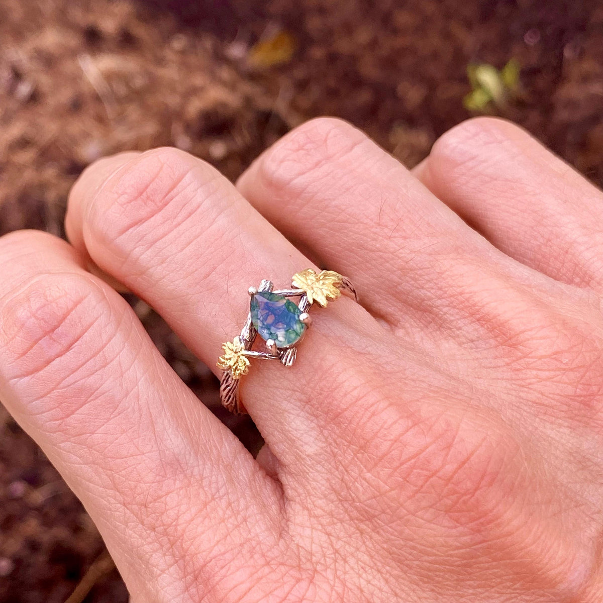 Moss Agate Sterling Silver Maple Leaf Ring