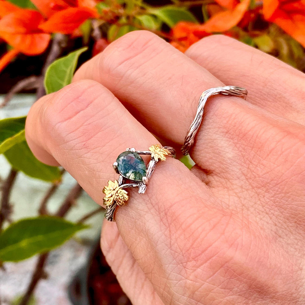 Moss Agate Sterling Silver Maple Leaf Ring