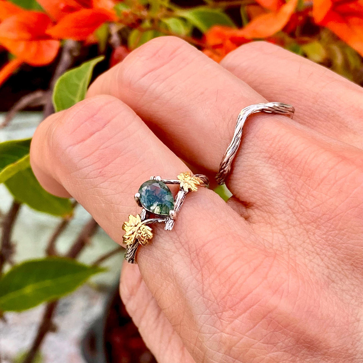 Moss Agate Sterling Silver Maple Leaf Ring