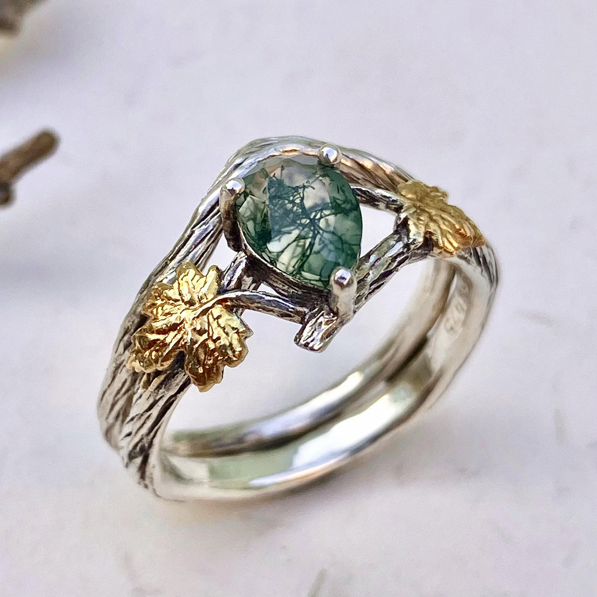 Moss Agate Sterling Silver Maple Leaf Ring