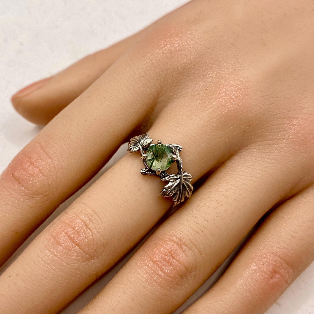 Moss Agate Sterling Silver Maple Leaf Ring Set