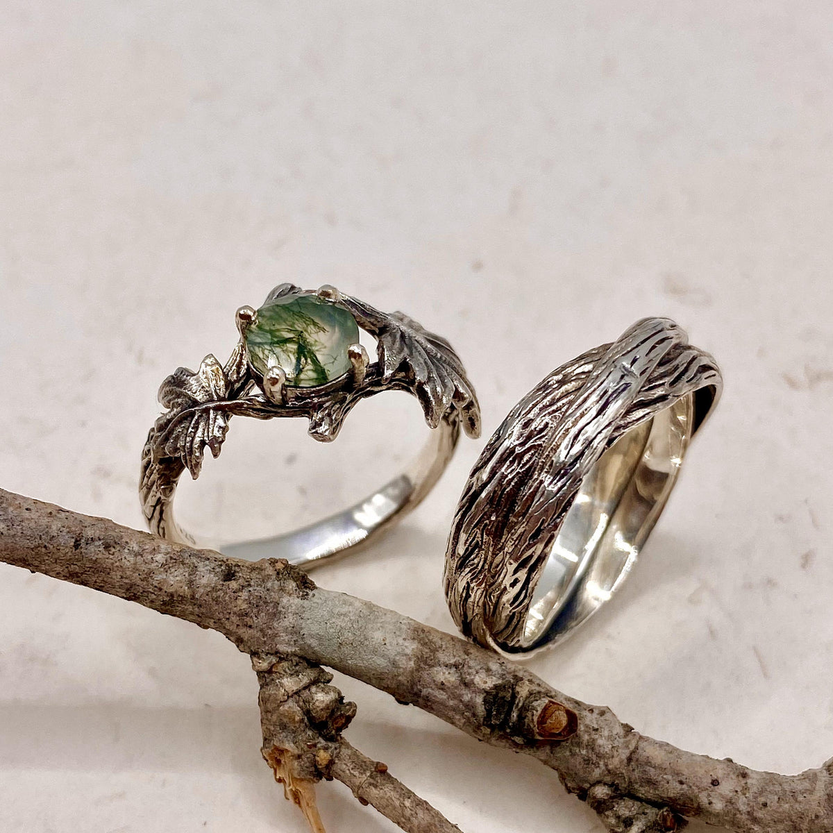 Moss Agate Sterling Silver Maple Leaf Ring Set