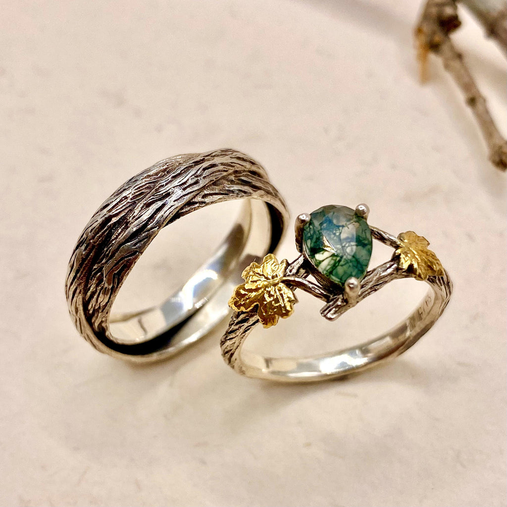 Moss Agate Sterling Silver Twig Ring Set