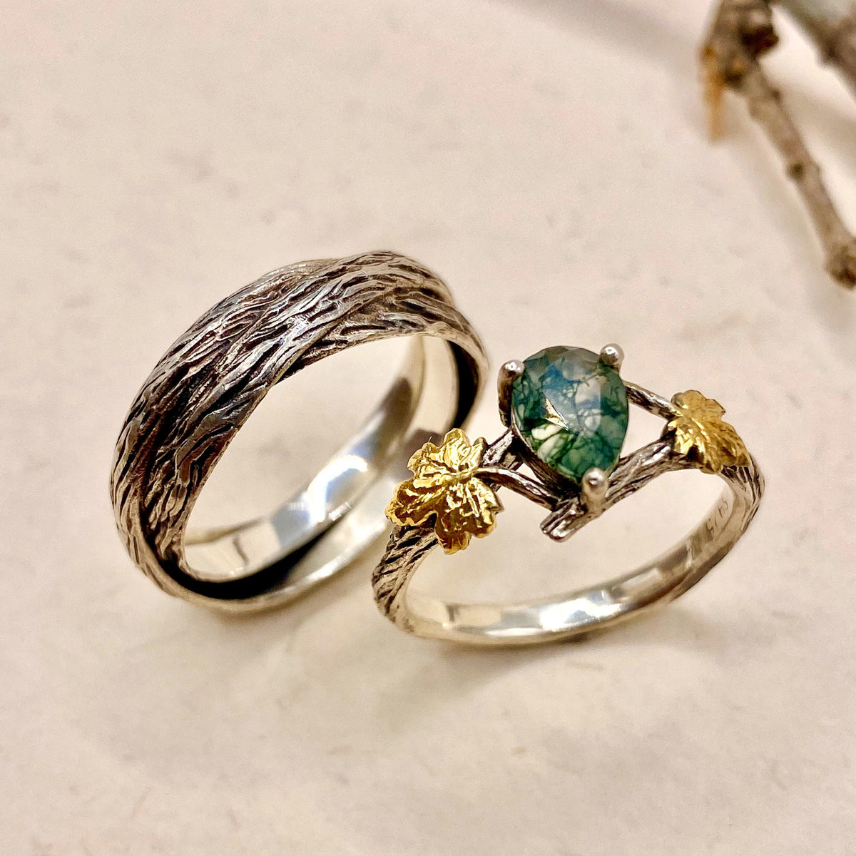 Moss Agate Sterling Silver Twig Ring Set