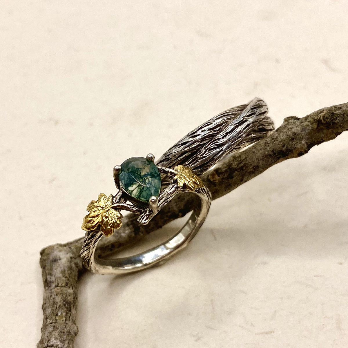 Moss Agate Sterling Silver Twig Ring Set
