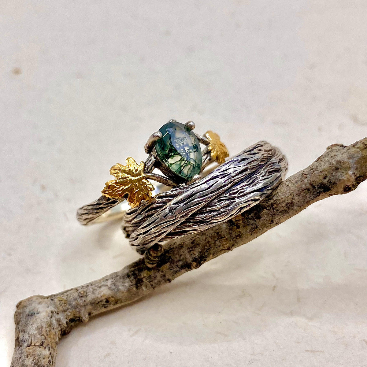 Moss Agate Sterling Silver Twig Ring Set