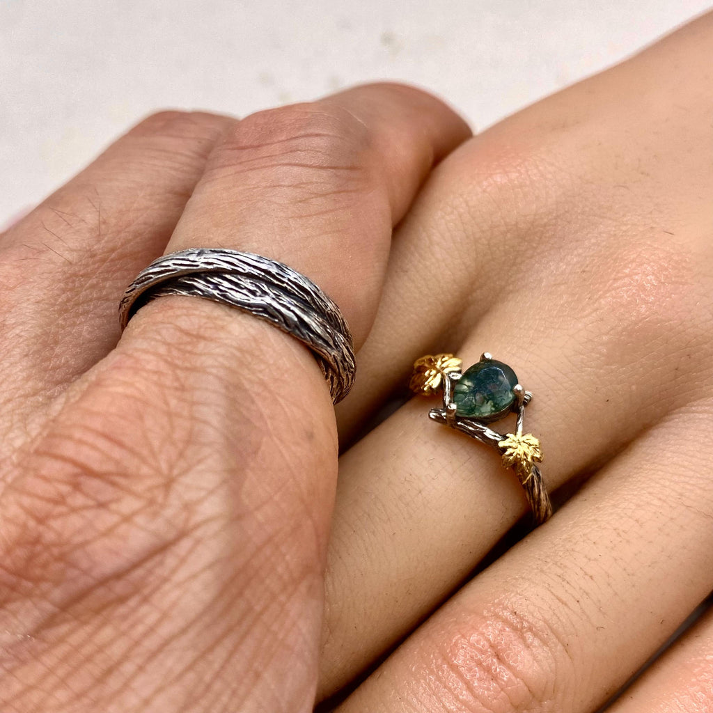 Moss Agate Sterling Silver Twig Ring Set