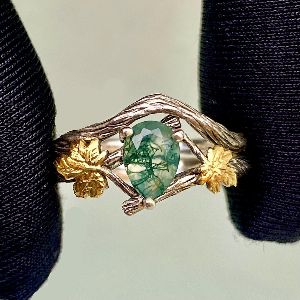 Moss Agate Sterling Silver Maple Leaf Ring