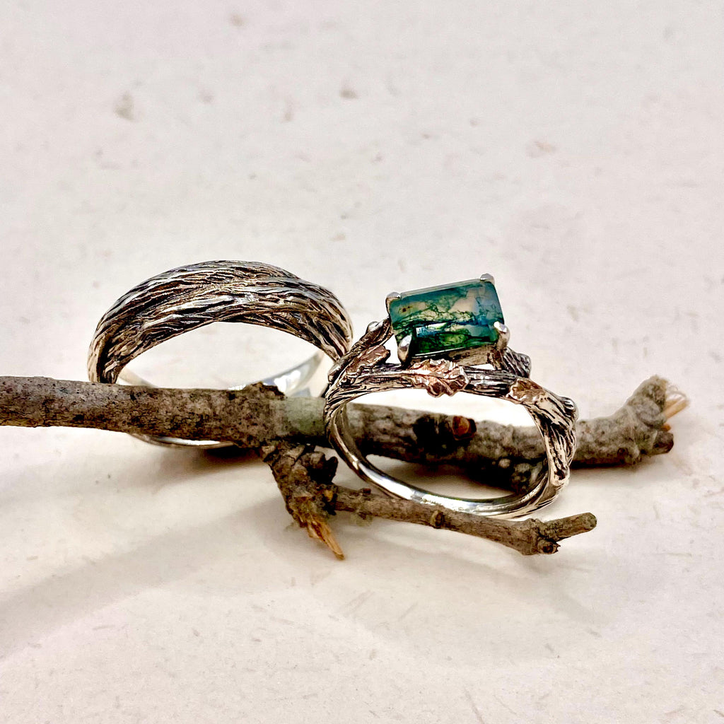 Moss Agate Sterling Silver Oak Leaf Ring Set