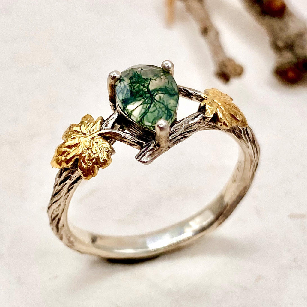 Moss Agate Sterling Silver Maple Leaf Ring