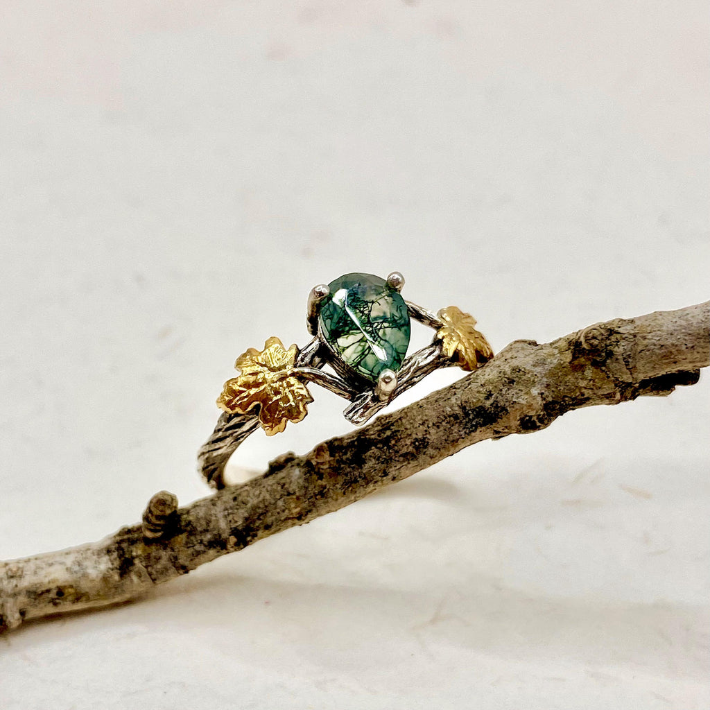 Moss Agate Sterling Silver Maple Leaf Ring