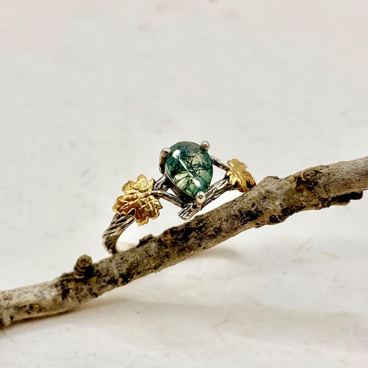 Moss Agate Sterling Silver Maple Leaf Ring