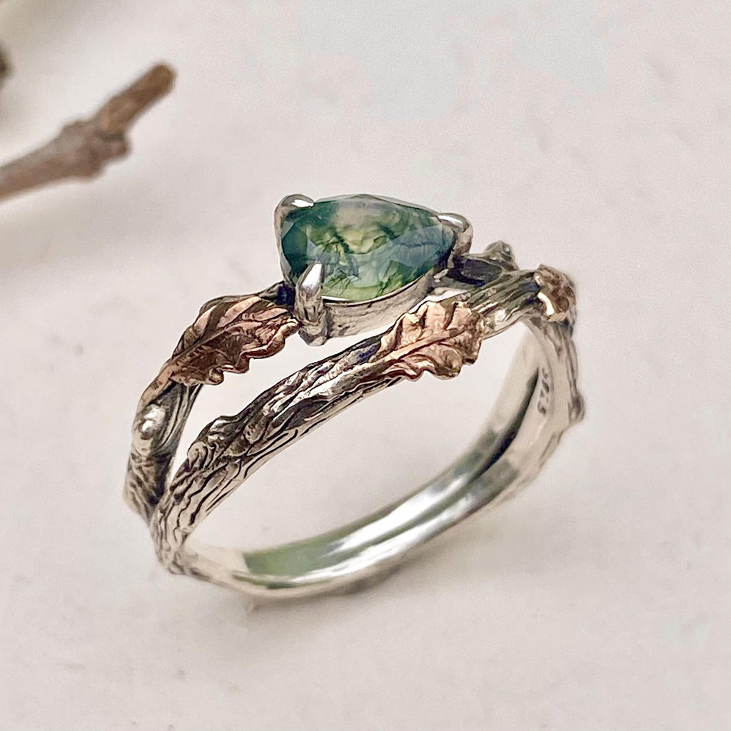 Moss Agate Sterling Silver Oak Leaf Ring