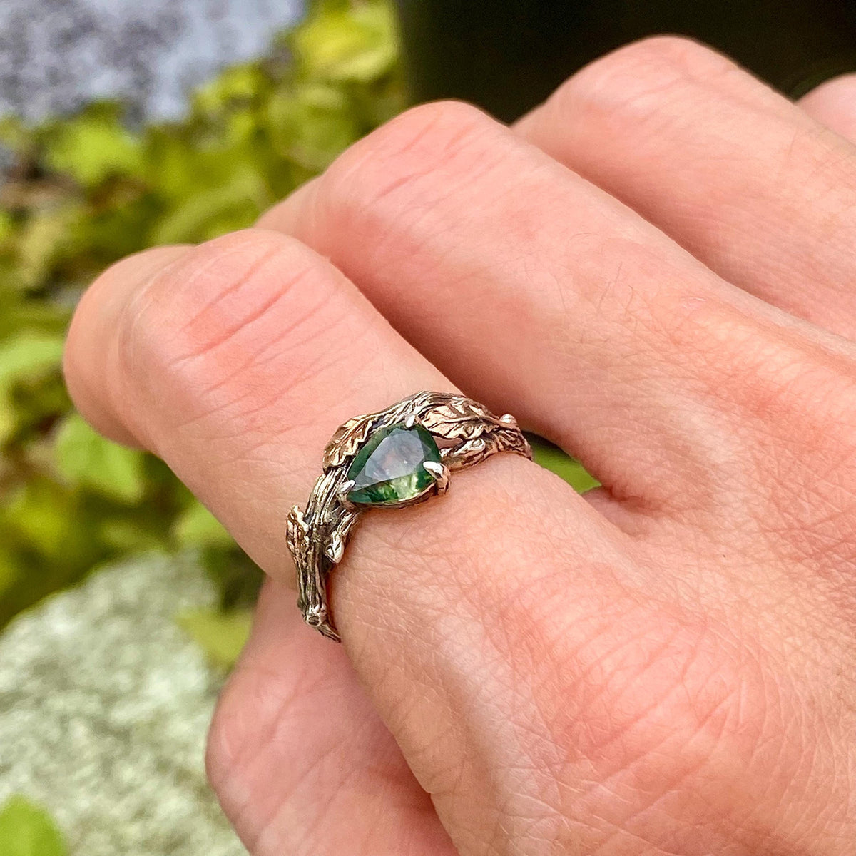 Moss Agate Sterling Silver Oak Leaf Ring
