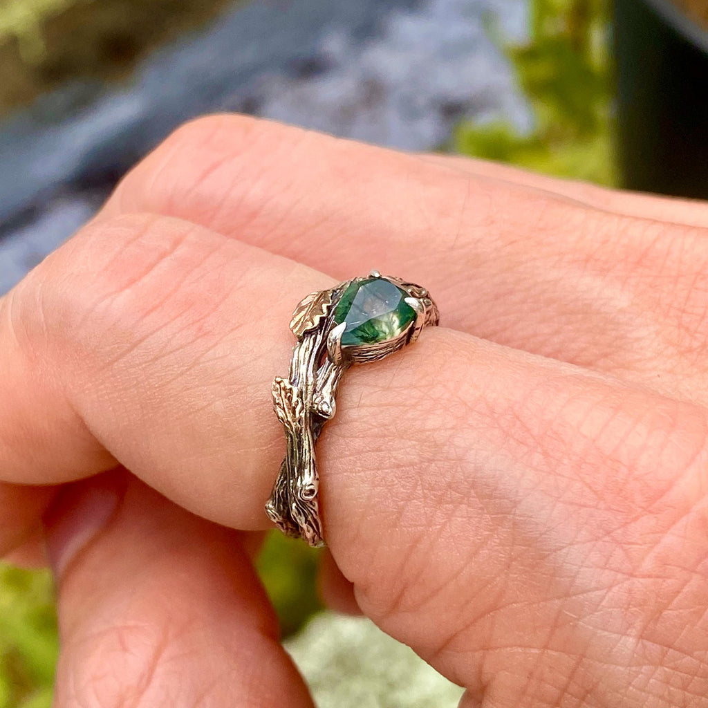 Moss Agate Sterling Silver Oak Leaf Ring
