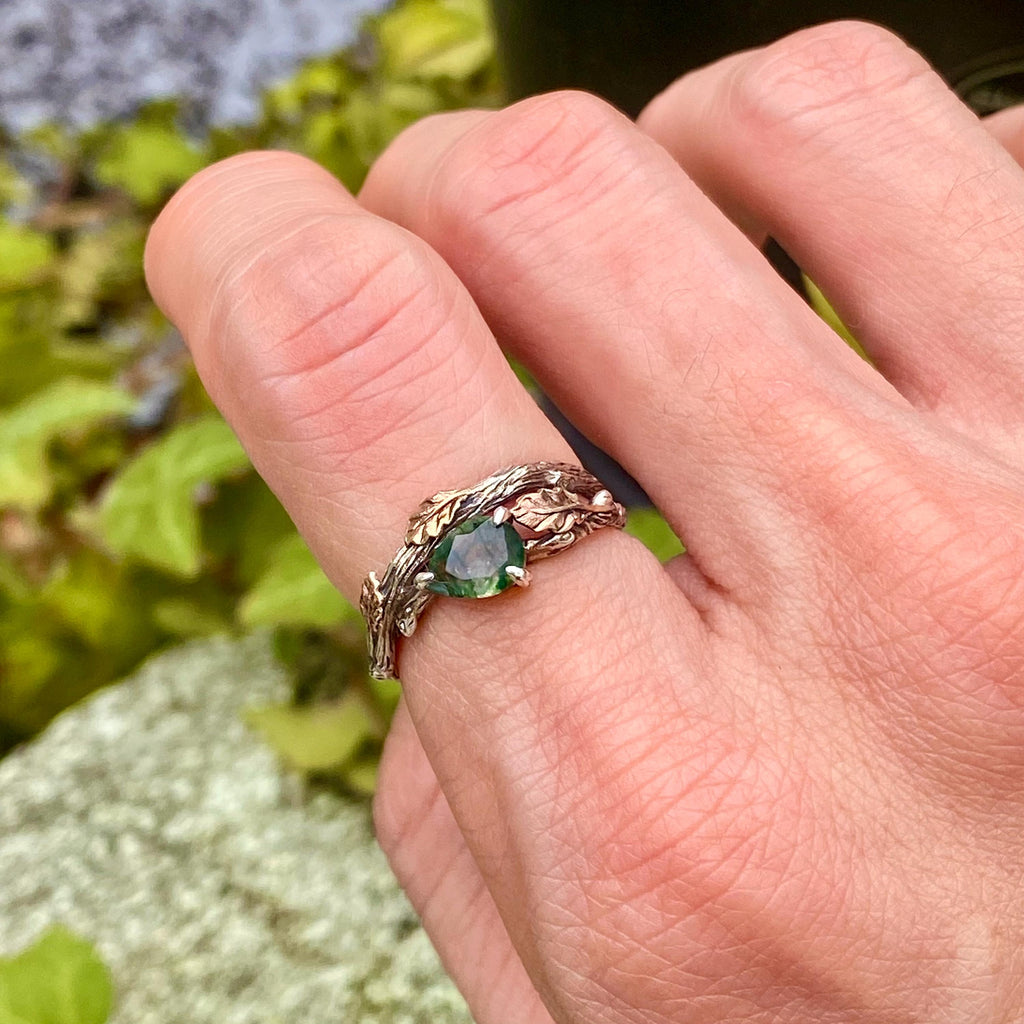 Moss Agate Sterling Silver Oak Leaf Ring