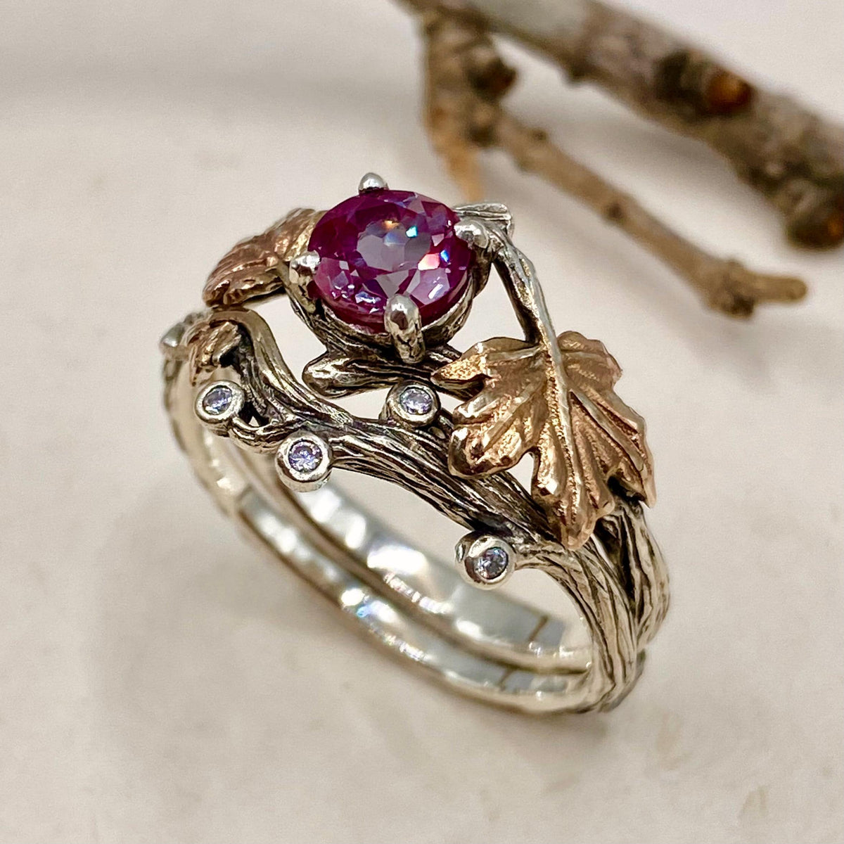 Alexandrite Sterling Silver Twig Ring Set