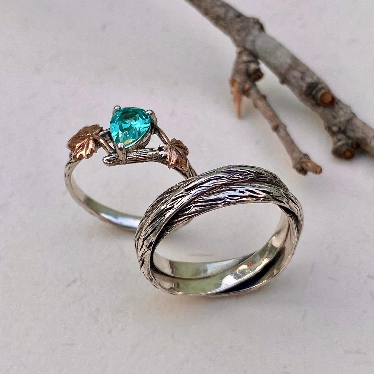 Paraiba Sterling Silver Maple Leaf Ring Set