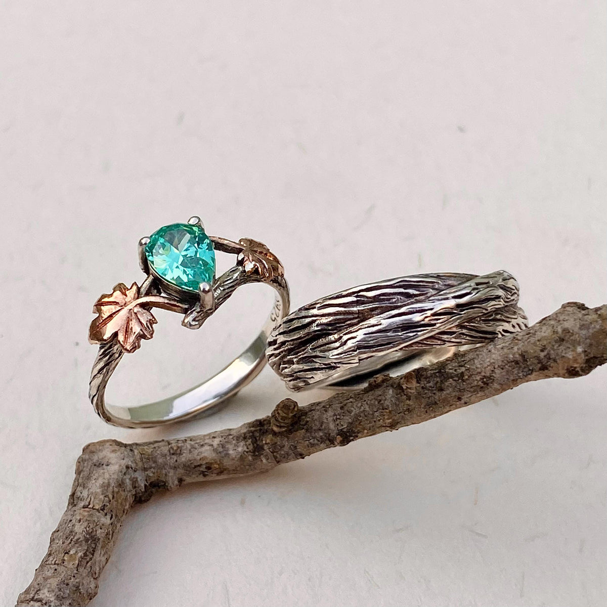 Paraiba Sterling Silver Maple Leaf Ring Set