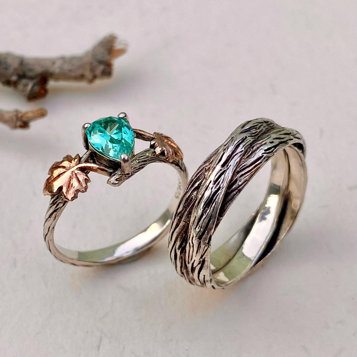Paraiba Sterling Silver Maple Leaf Ring Set