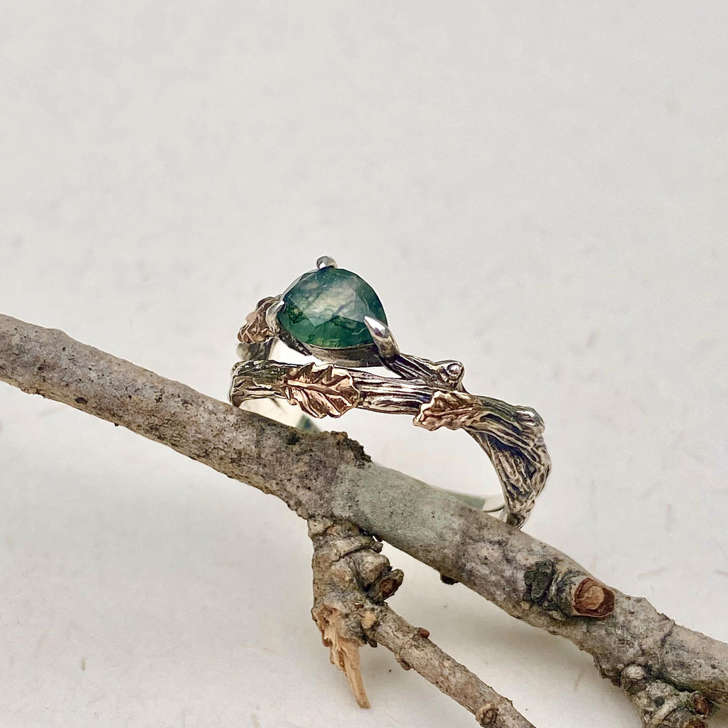 Moss Agate Sterling Silver Oak Leaf Ring