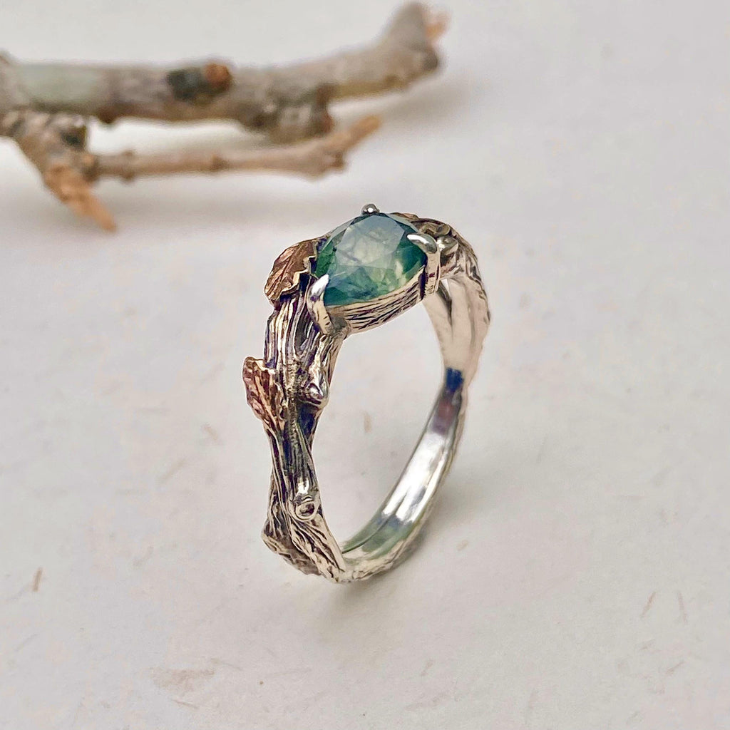 Moss Agate Sterling Silver Oak Leaf Ring